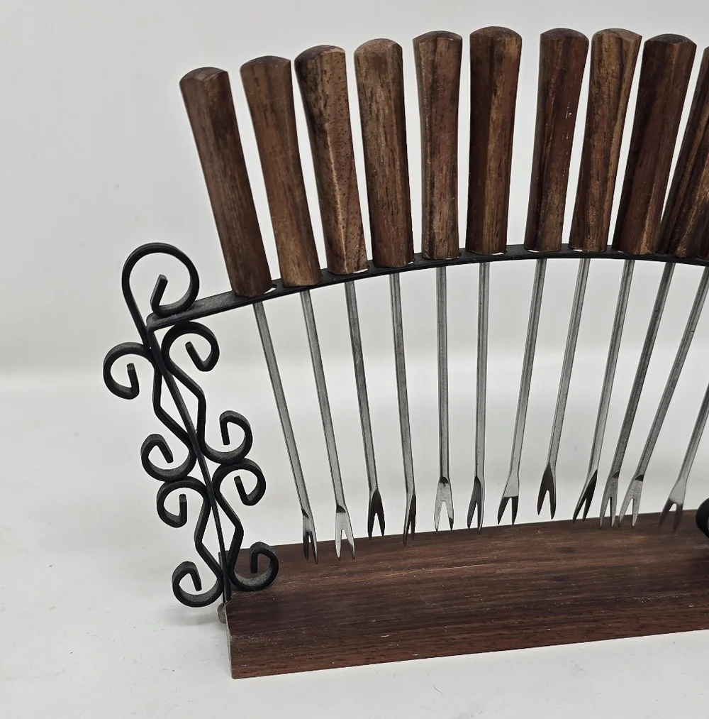 Vtg MCM 12 rosewood‎ handle appetizer cheese cocktail forks picks w/stand Japan